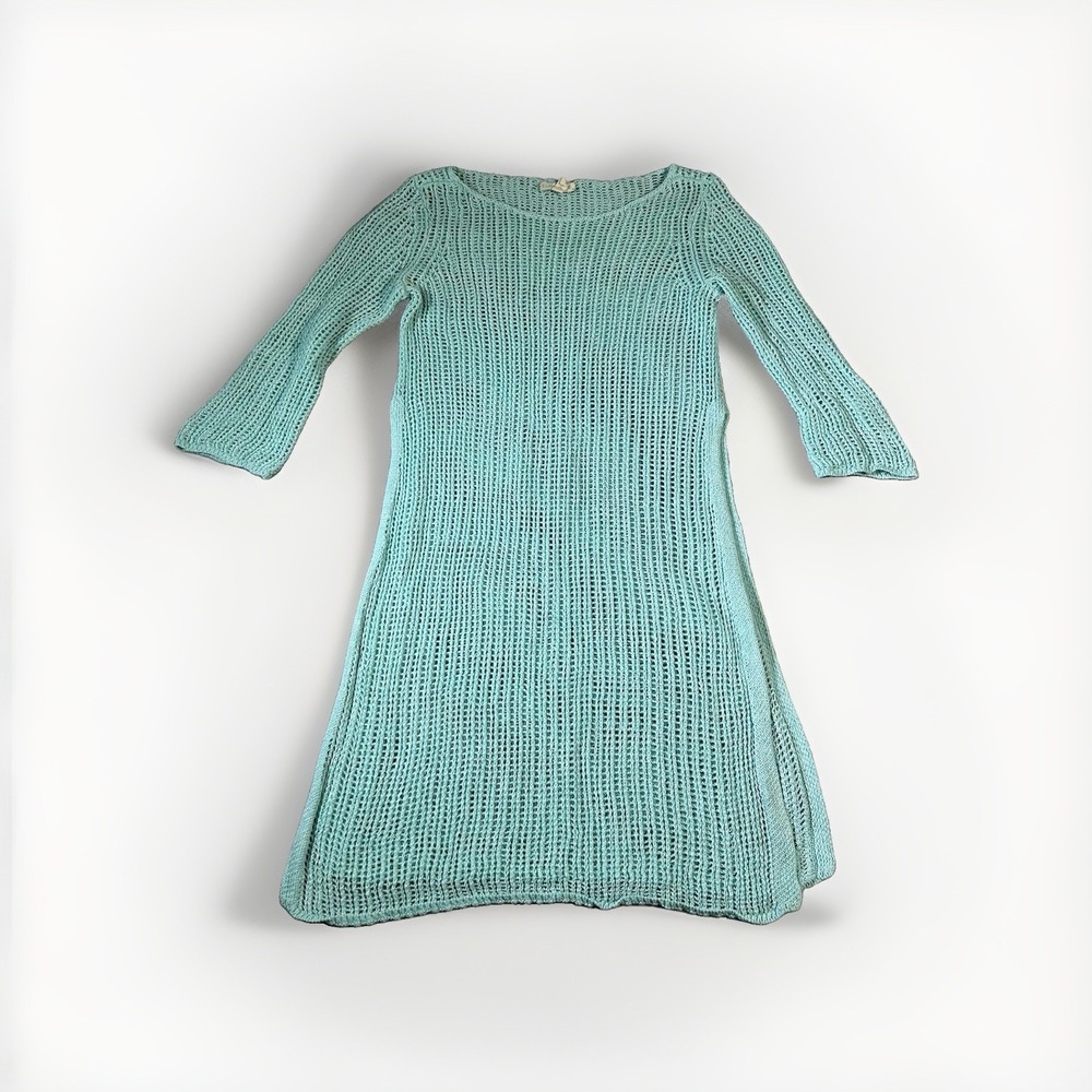 Eileen Fisher Crochet Cover Up XS Aqua Open Knit High Slit Quiet Luxury Tunic